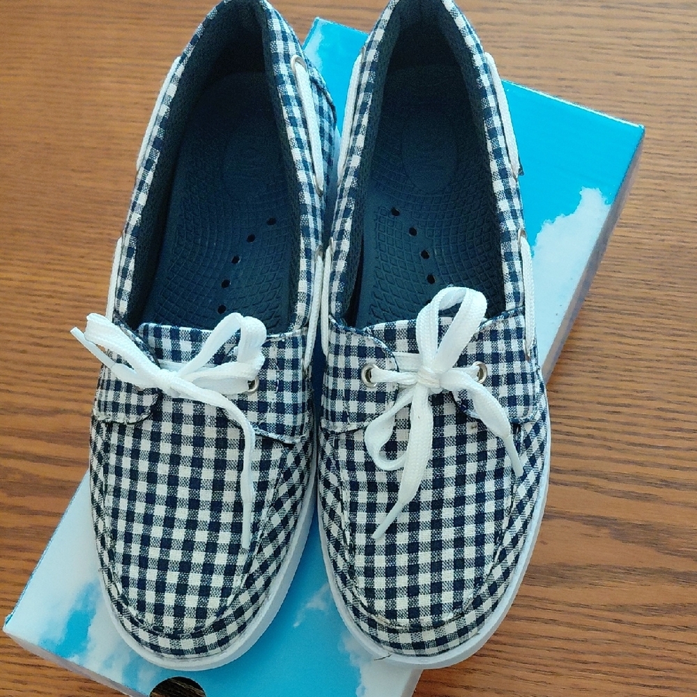 Womens Navy and White Gingham Lace-Up Casual Shoes